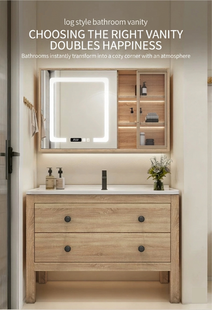 Eco-friendly solid wood cabinet, natural wood color, rustic style, bathroom cabinet, sink basin, eco-friendly.