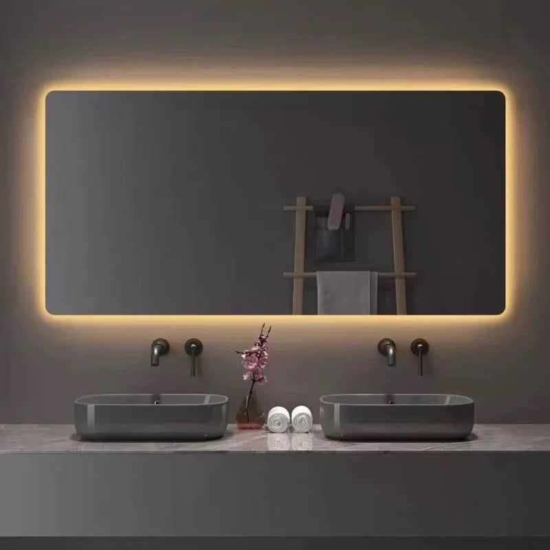 Frame-free square with rounded edges, smart mirror backlighting, anti-fog feature, customizable full-body mirror, dressing mirror, bathroom mirror, toiletry mirror.